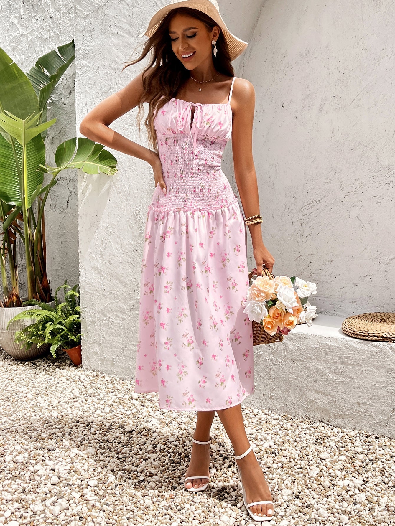 Tie Front Waist Ruched Floral Print Cami Dress