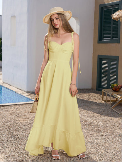 Tie Shoulder Ruched Bust Maxi Solid Dress