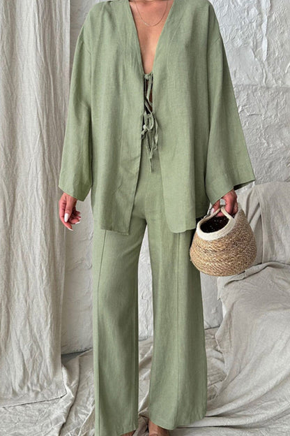 Tie-front Long Sleeve Shirt Cotton Suits