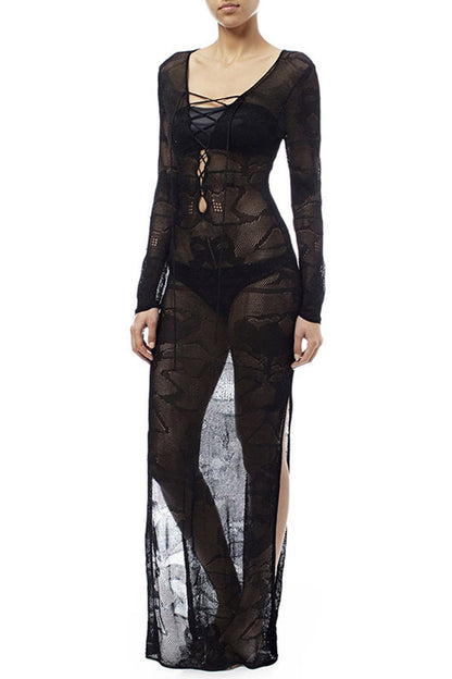 Tie-up Knit Slit Cover-up Dress