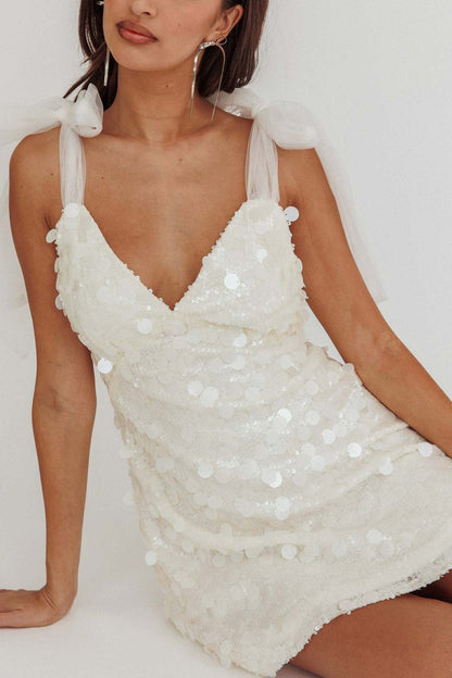 Sequin Bow Shoulder Deep V-Neck Mini Dress