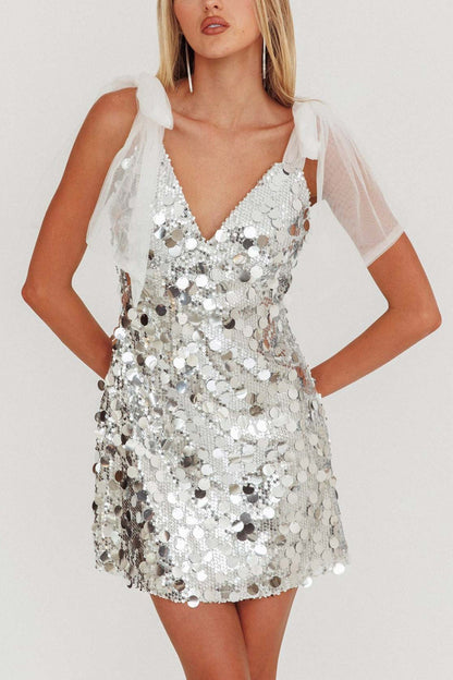 Sequin Bow Shoulder Deep V-Neck Mini Dress
