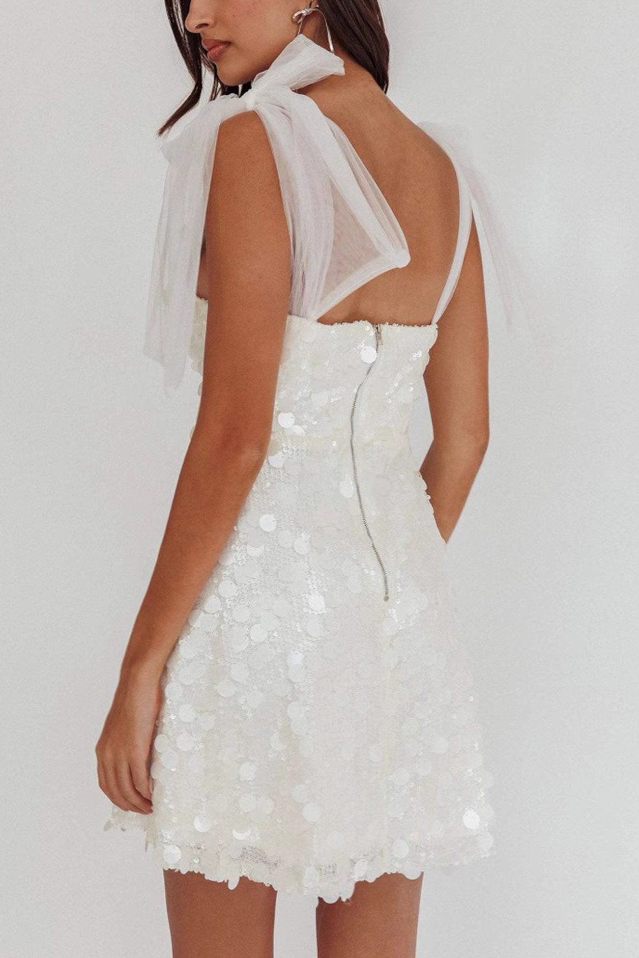Sequin Bow Shoulder Deep V-Neck Mini Dress