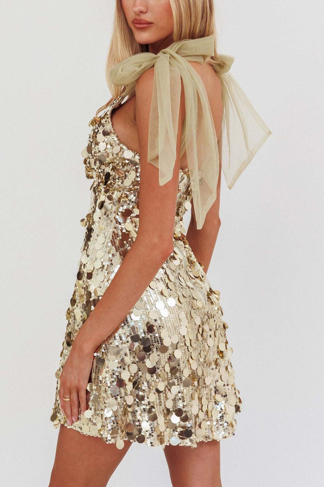 Sequin Bow Shoulder Deep V-Neck Mini Dress