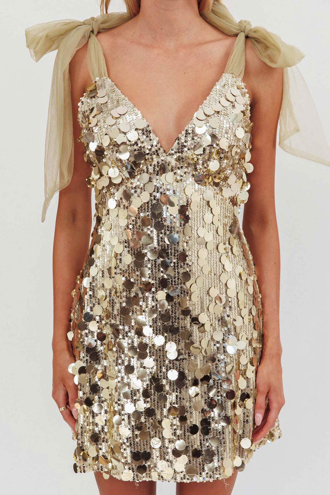 Sequin Bow Shoulder Deep V-Neck Mini Dress