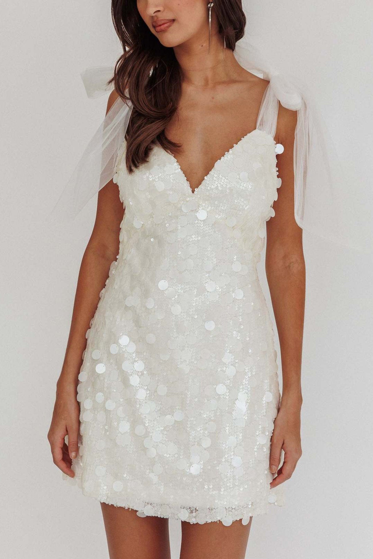 Sequin Bow Shoulder Deep V-Neck Mini Dress