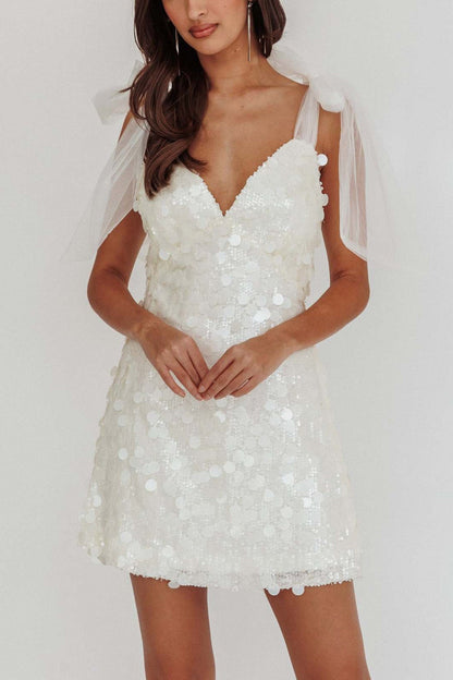 Sequin Bow Shoulder Deep V-Neck Mini Dress