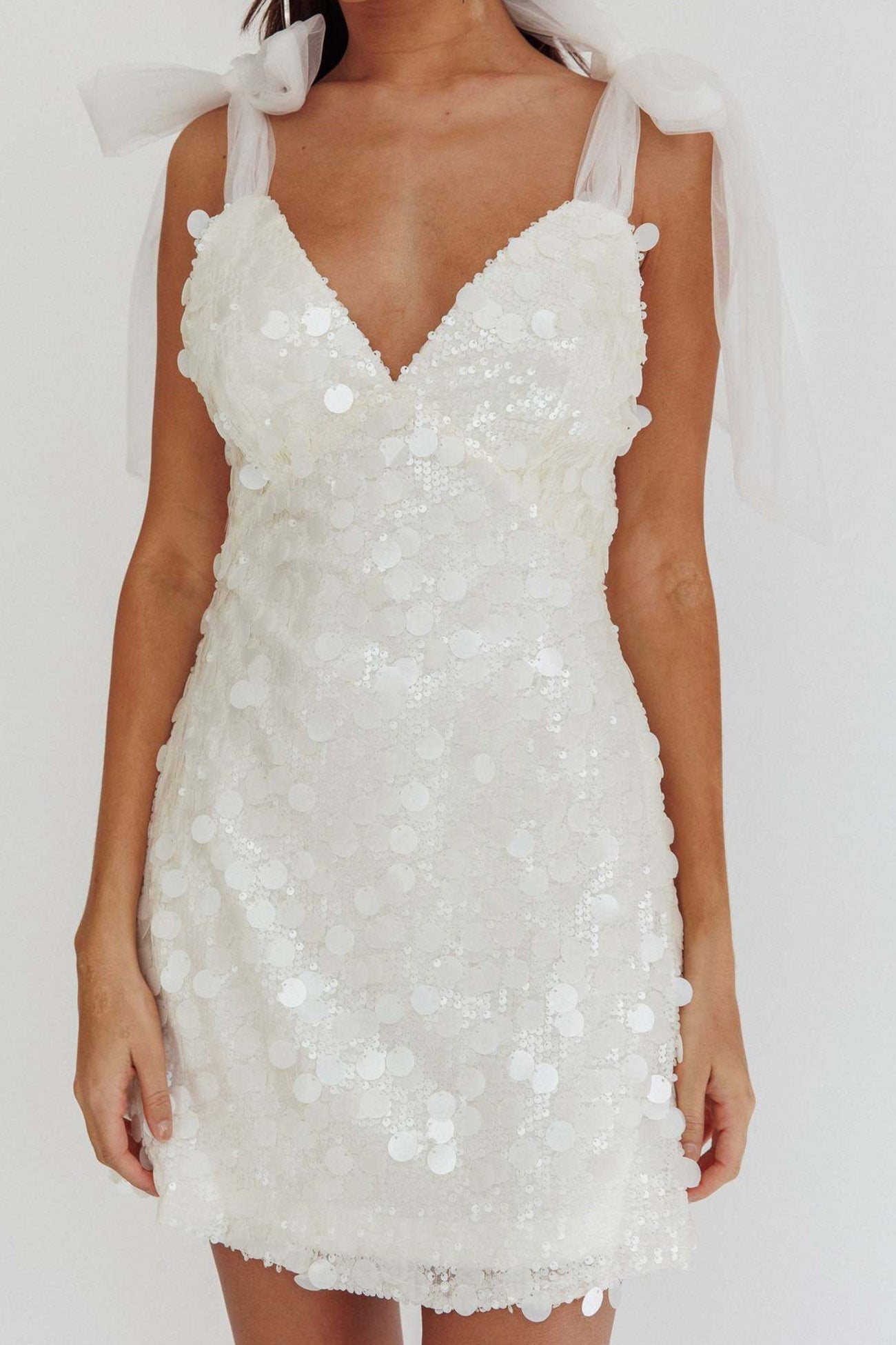 Sequin Bow Shoulder Deep V-Neck Mini Dress