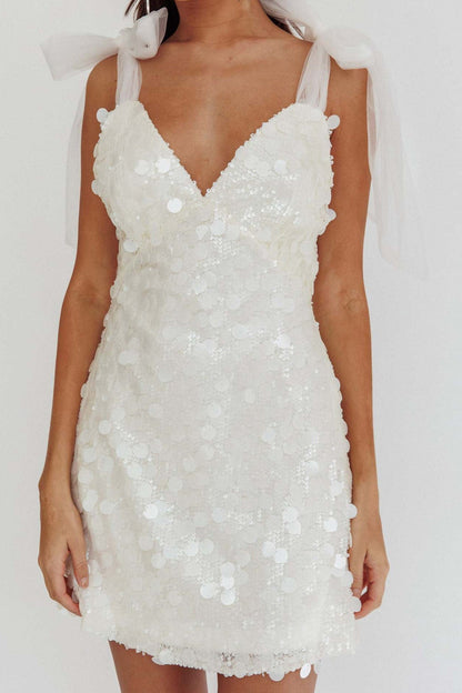 Sequin Bow Shoulder Deep V-Neck Mini Dress