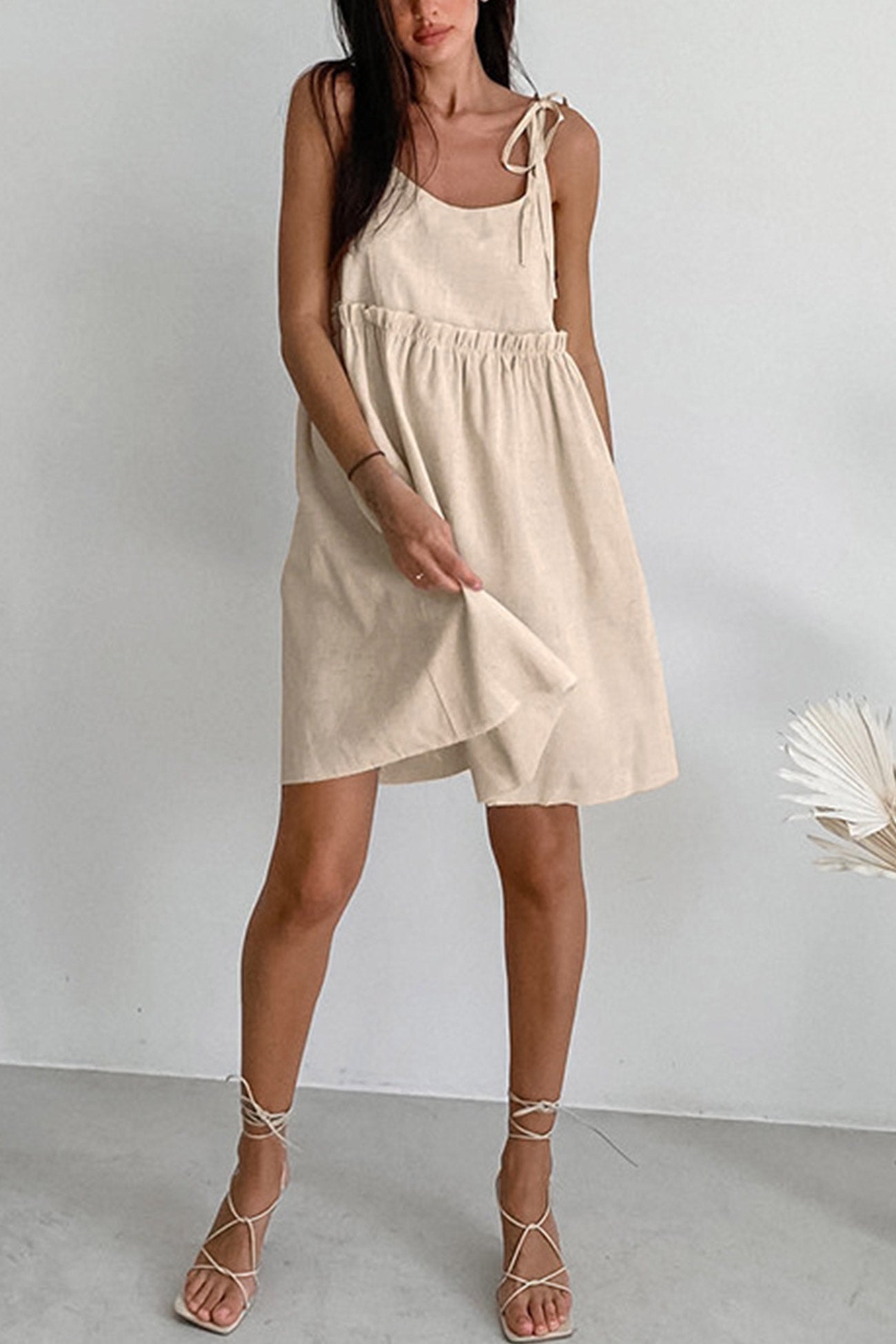 Tie Shoulder Spaghetti Strap Empire Waist Ruffle Trim Flared Babydoll Mini Dress
