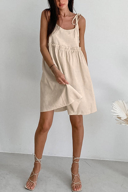 Tie Shoulder Spaghetti Strap Empire Waist Ruffle Trim Flared Babydoll Mini Dress