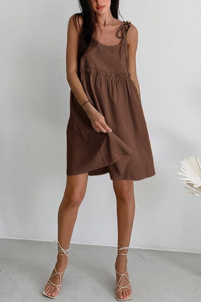 Tie Shoulder Spaghetti Strap Empire Waist Ruffle Trim Flared Babydoll Mini Dress
