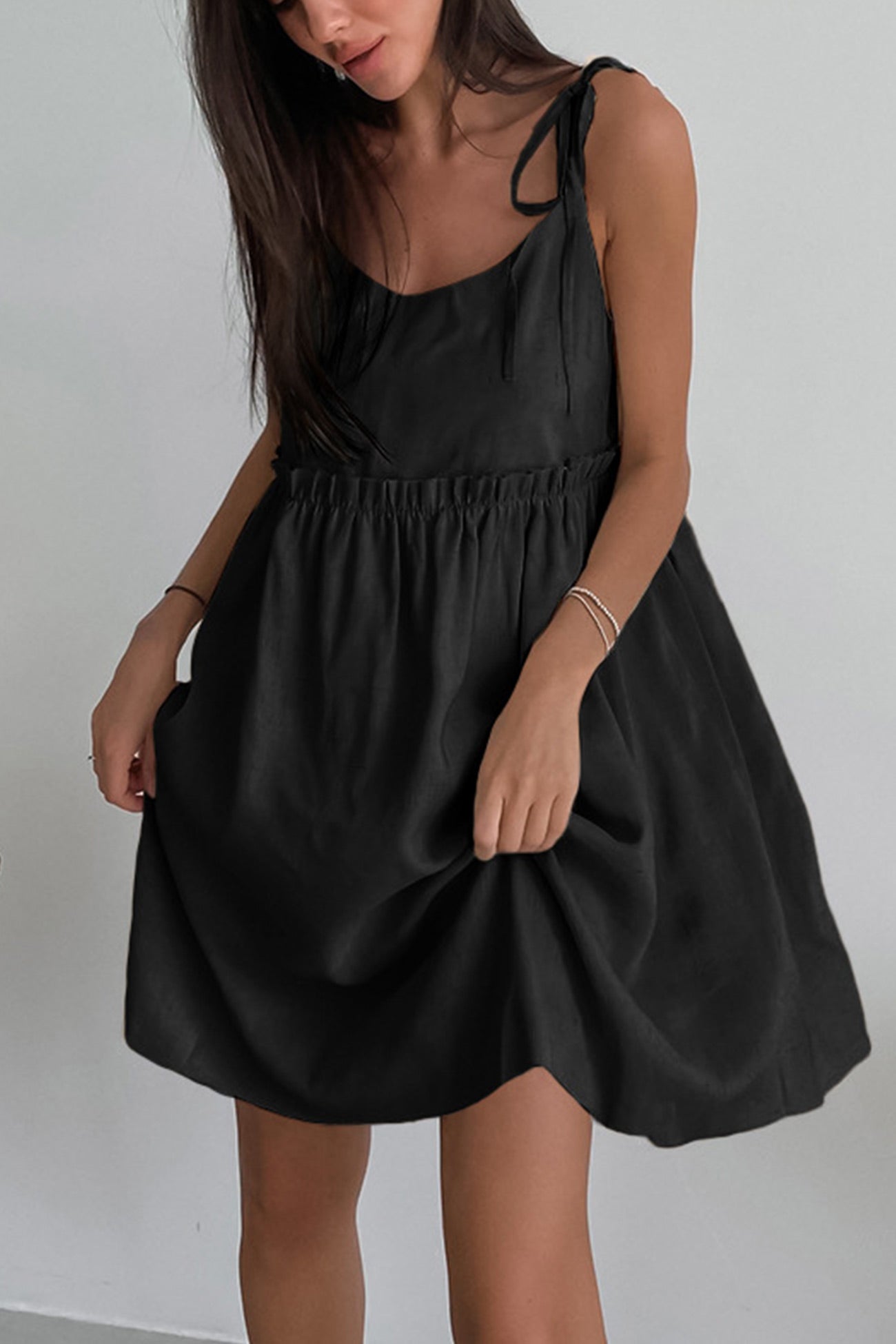 Tie Shoulder Spaghetti Strap Empire Waist Ruffle Trim Flared Babydoll Mini Dress