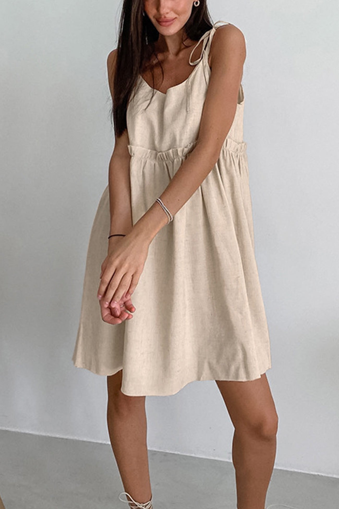 Tie Shoulder Spaghetti Strap Empire Waist Ruffle Trim Flared Babydoll Mini Dress