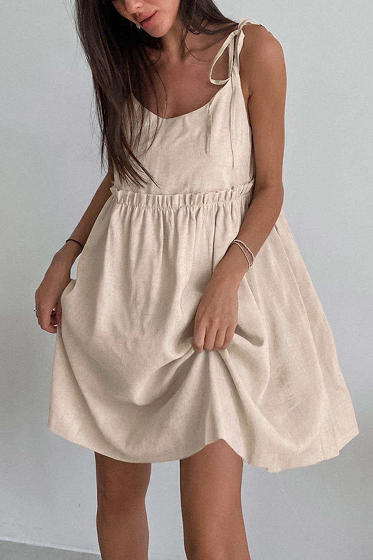 Tie Shoulder Spaghetti Strap Empire Waist Ruffle Trim Flared Babydoll Mini Dress