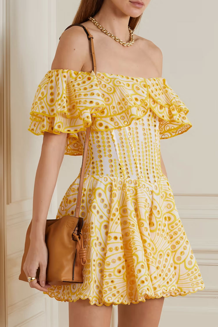 Broderie Anglaise Off the Shoulder Ruffle Trim Tiered Mini Dress