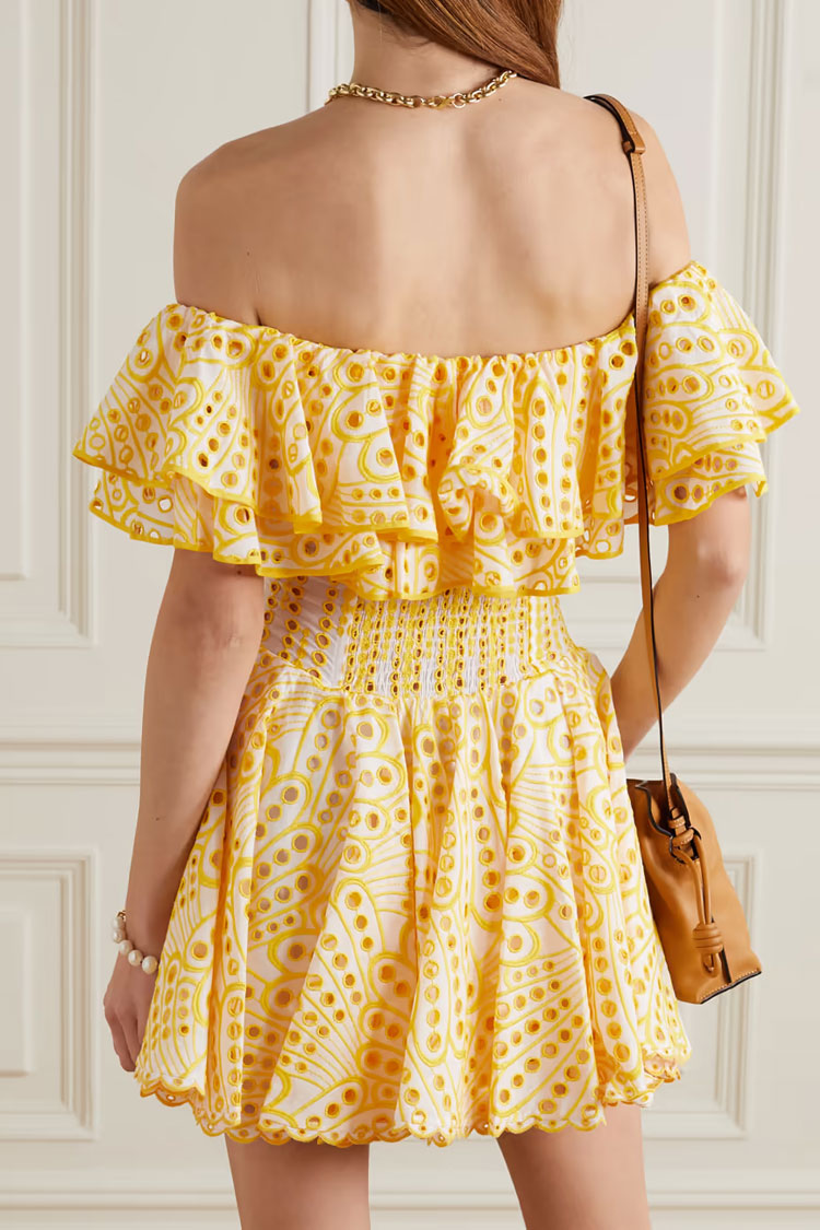Broderie Anglaise Off the Shoulder Ruffle Trim Tiered Mini Dress