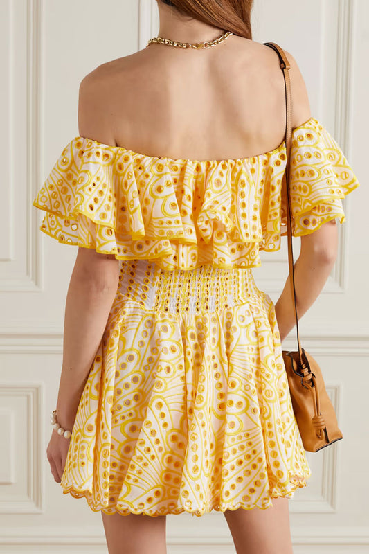 Broderie Anglaise Off the Shoulder Ruffle Trim Tiered Mini Dress
