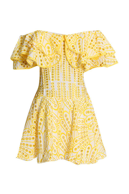 Broderie Anglaise Off the Shoulder Ruffle Trim Tiered Mini Dress