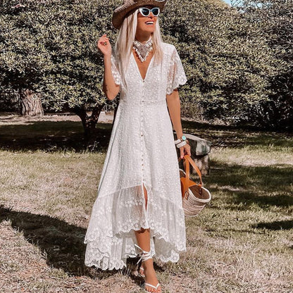 Lace Short Sleeve V-Neck Button Front High Low Maxi Dress