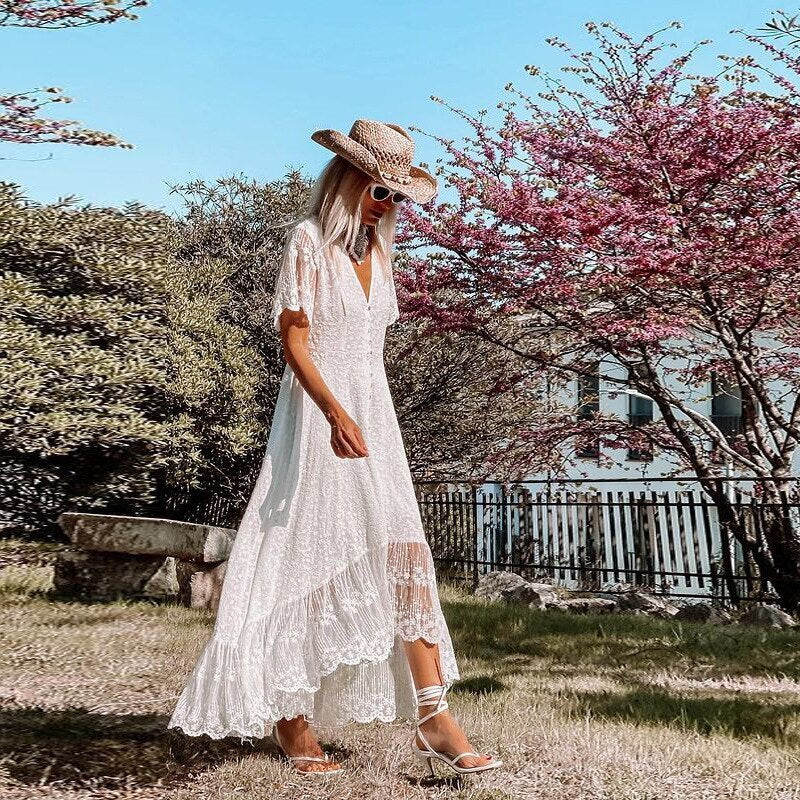 Lace Short Sleeve V-Neck Button Front High Low Maxi Dress
