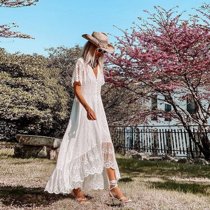 Lace Short Sleeve V-Neck Button Front High Low Maxi Dress