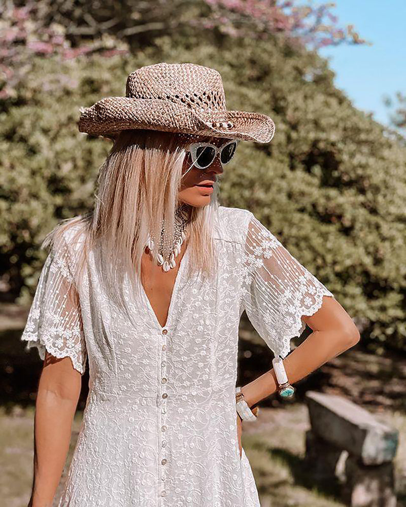 Lace Short Sleeve V-Neck Button Front High Low Maxi Dress