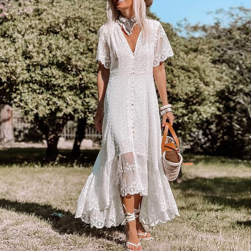 Lace Short Sleeve V-Neck Button Front High Low Maxi Dress