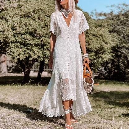 Lace Short Sleeve V-Neck Button Front High Low Maxi Dress