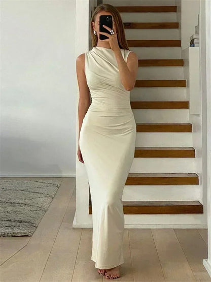 Sleeveless Cowl Neck Ruched Gathered Bodycon Maxi Dress