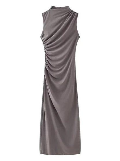 Sleeveless Cowl Neck Ruched Gathered Bodycon Maxi Dress