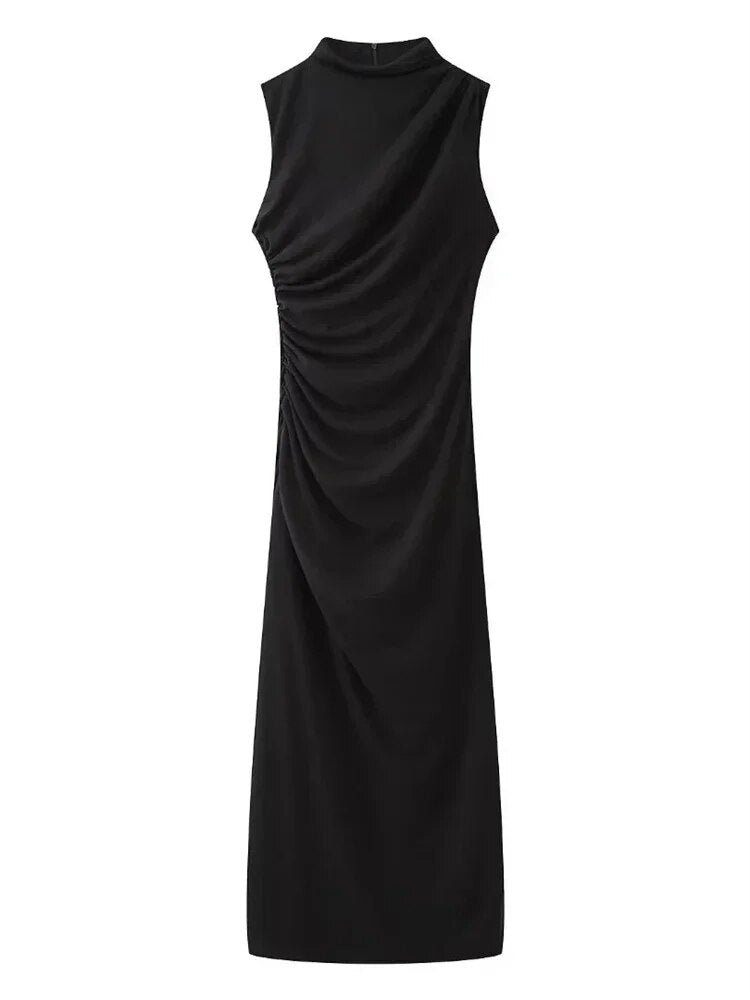 Sleeveless Cowl Neck Ruched Gathered Bodycon Maxi Dress