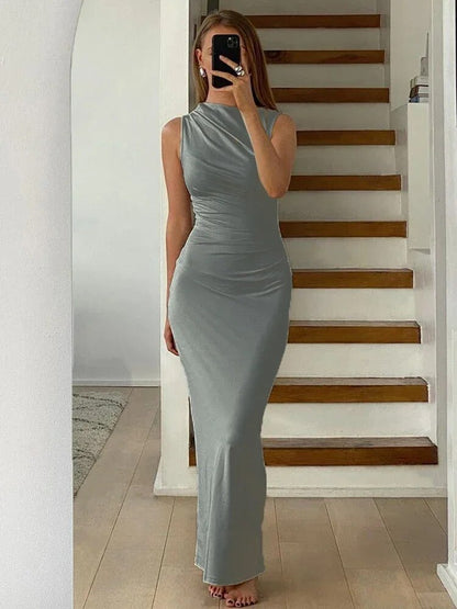 Sleeveless Cowl Neck Ruched Gathered Bodycon Maxi Dress