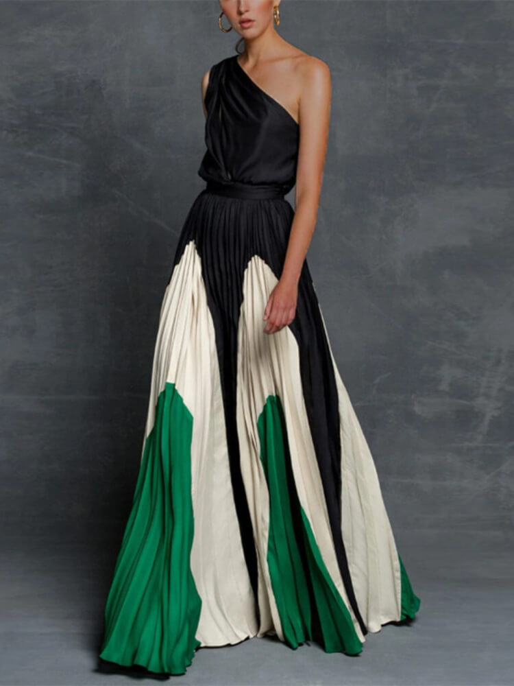One Shoulder Draped Satin Pleated Geometric Color Block Maxi Gown