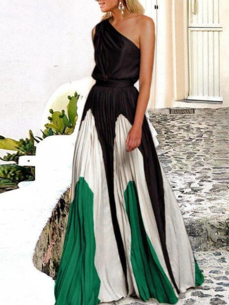 One Shoulder Draped Satin Pleated Geometric Color Block Maxi Gown