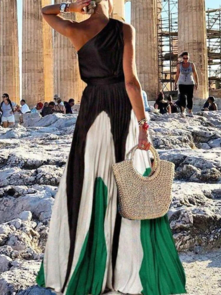 One Shoulder Draped Satin Pleated Geometric Color Block Maxi Gown