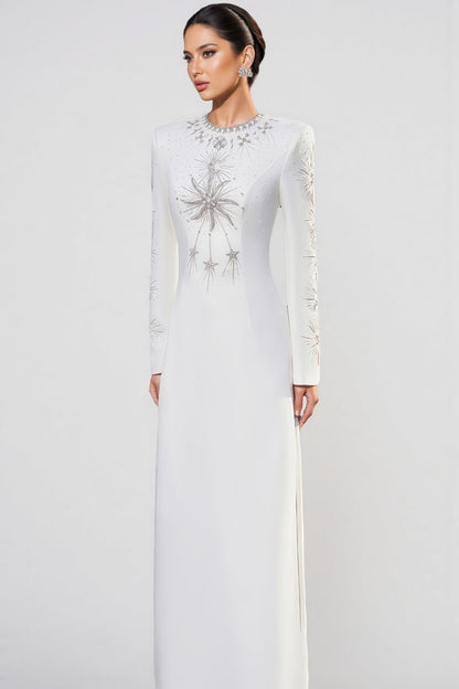 Zayden White Rhinestone Beaded Maxi Dress