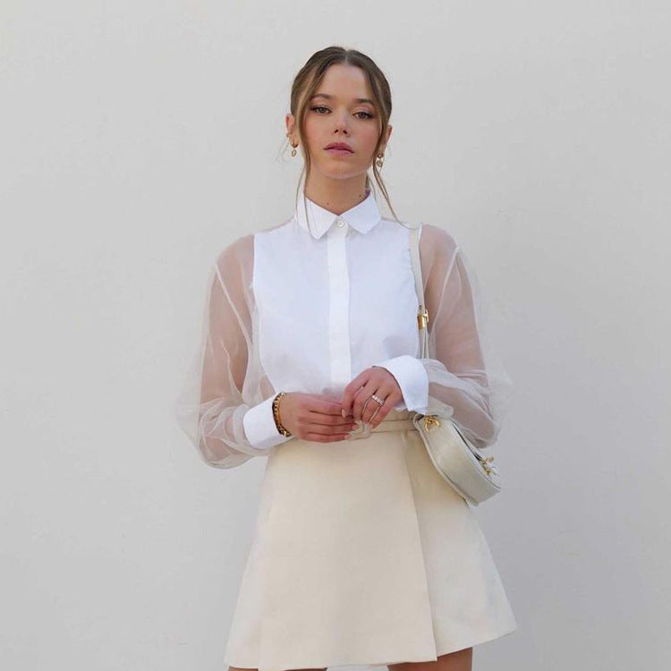 Sheer organza patchwork collared blouse for women