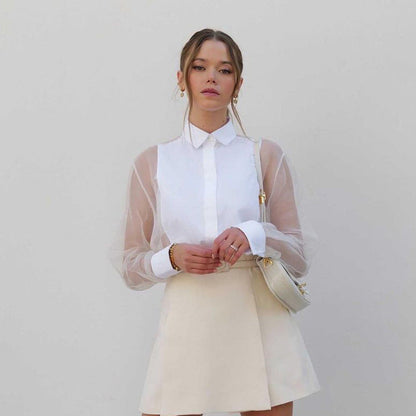 Sheer organza patchwork collared blouse for women