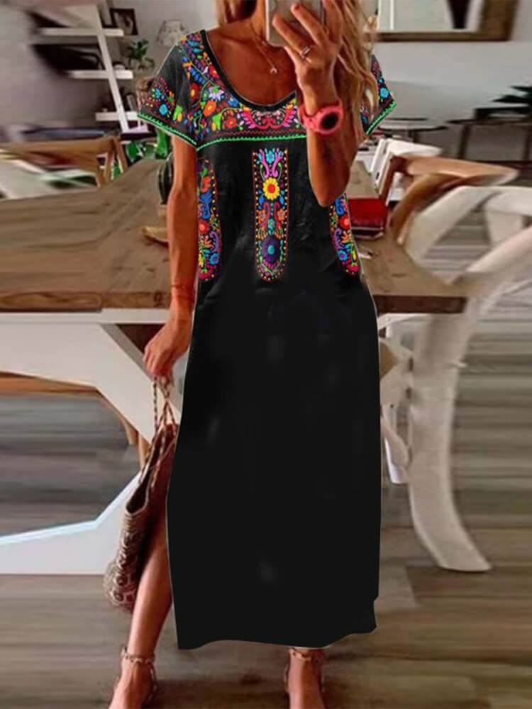 Folk Embroidery Print Scoop Neck Short Sleeve Relaxed Maxi Dress