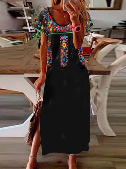 Folk Embroidery Print Scoop Neck Short Sleeve Relaxed Maxi Dress