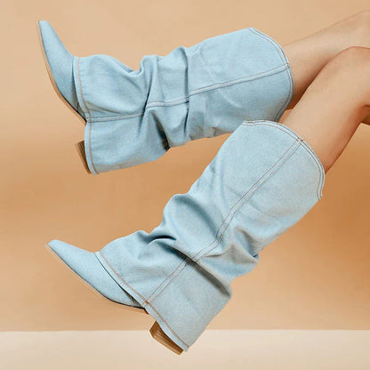 Trendy Denim Knee-High Boots for Women – Stylish and Comfortable Footwear