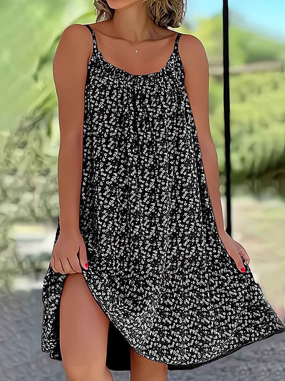 Spaghetti Strap Round Neck Ditsy Print Side Slit Flowy Midi Dress