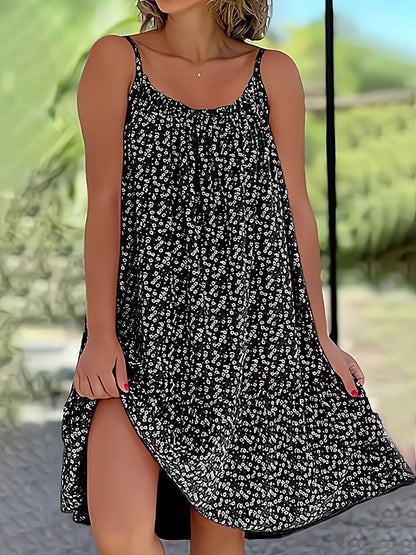 Spaghetti Strap Round Neck Ditsy Print Side Slit Flowy Midi Dress