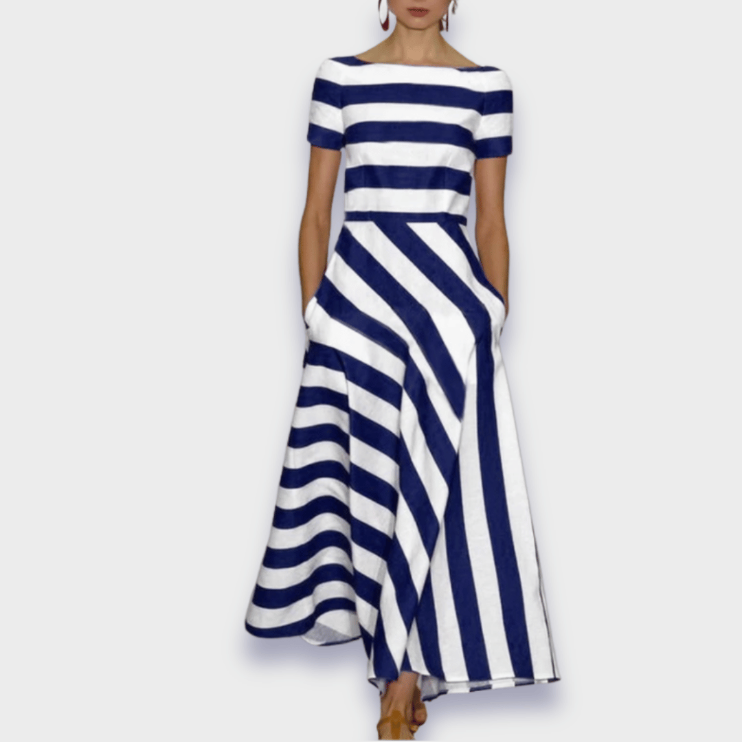 Boat Neck Short Sleeve Mixed Direction Stripe Panel A-Line Pocket Maxi Dress