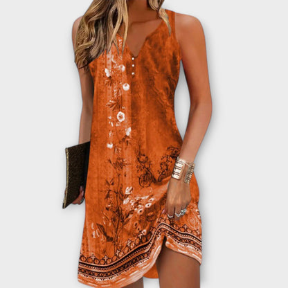 V-Neck Button Front Floral Border Print Tank Mini Dress