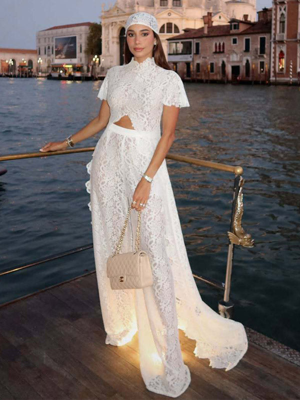 Two Piece Sets Pant Set Maxi Dresses White Resort Wear Jewel Neck Illusion Sleeves Short Sleeves Sets