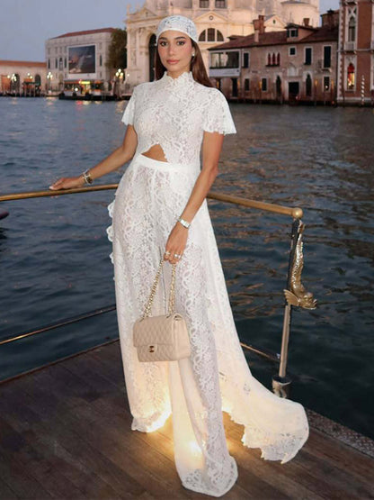 Two Piece Sets Pant Set Maxi Dresses White Resort Wear Jewel Neck Illusion Sleeves Short Sleeves Sets