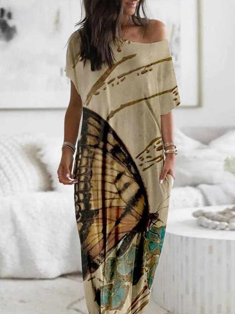 Butterfly Print Drop Shoulder Short Sleeve Pocket Oversized Maxi Dress