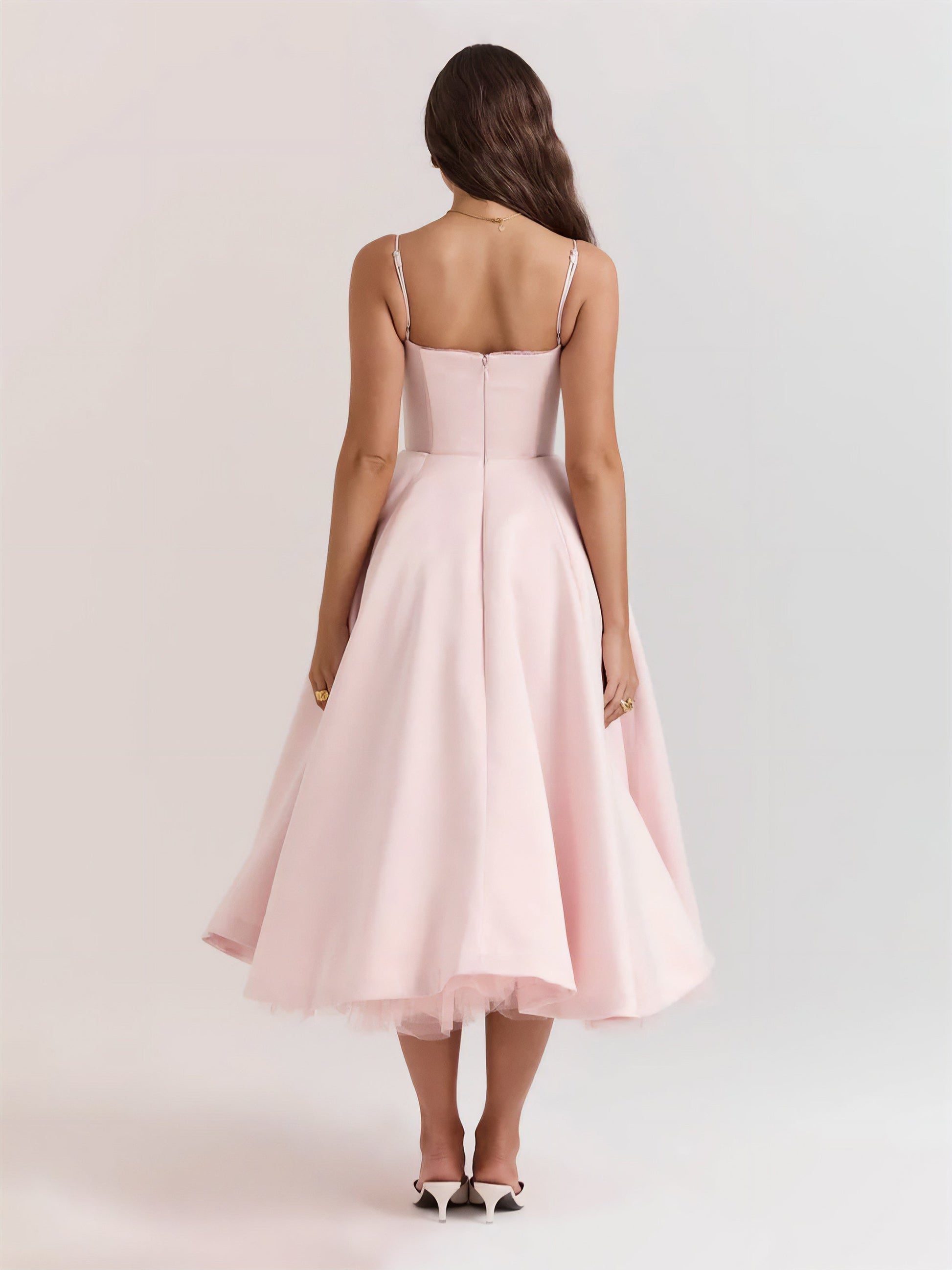 Sweetheart Spaghetti Strap Lace Trim Corset Bodice Fit and Flare Midi Dress